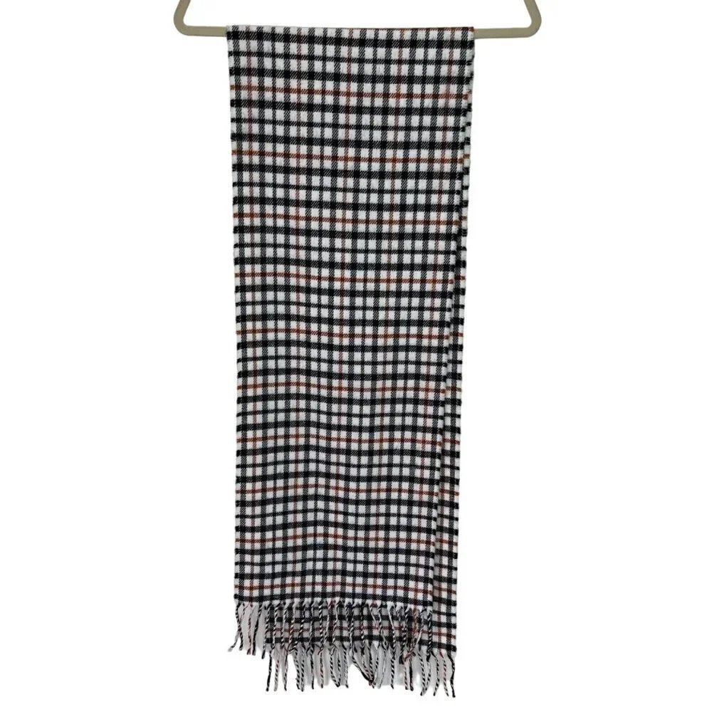 Lambswool Womens Scarf Plaid Made In Italy Fringe White Black Brown Rectangle